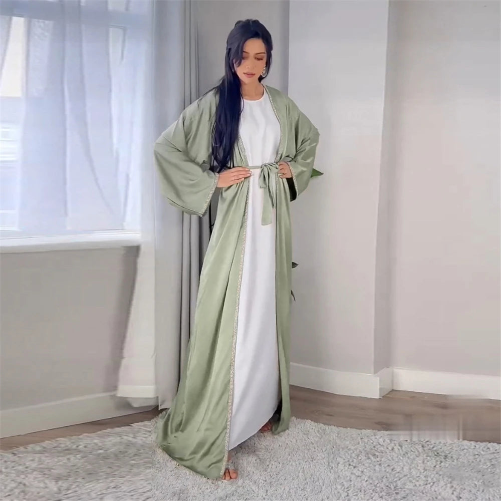 Open Abaya Arabic Long Dress Women Shiny Satin Diamonds