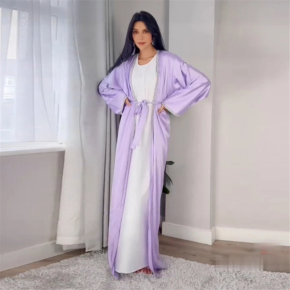 Open Abaya Arabic Long Dress Women Shiny Satin Diamonds