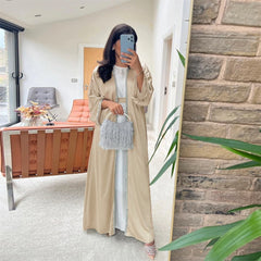 Open Abaya Arabic Long Dress Women Shiny Satin Diamonds