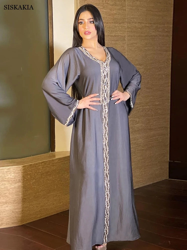 Muslim Dress Women Rhinestone Solid