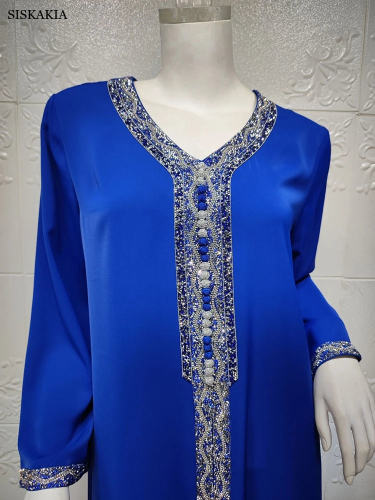 Muslim Dress Women Rhinestone Solid