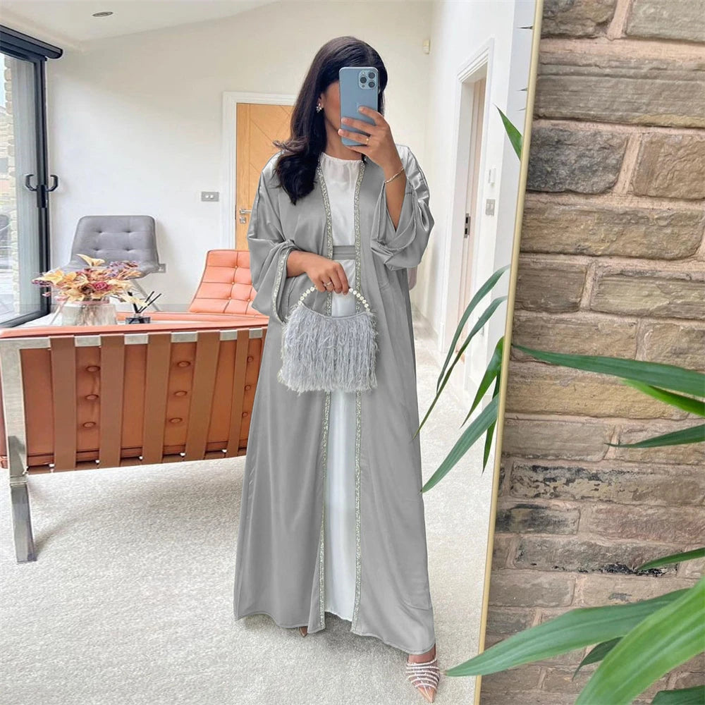 Open Abaya Arabic Long Dress Women Shiny Satin Diamonds